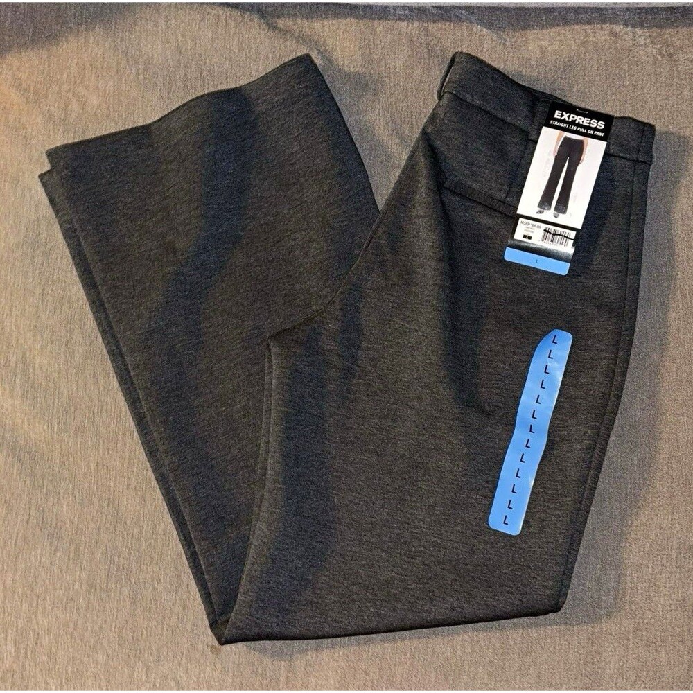 New Express Womens Straight Leg Pull On Dress Pants Charcoal Gray Solid Size L